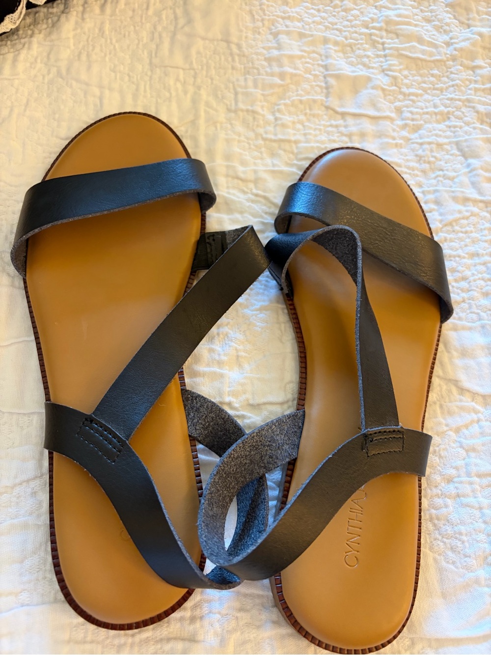 Cynthia Rowley Black Strappy Flat Sandals with Tan Footbed